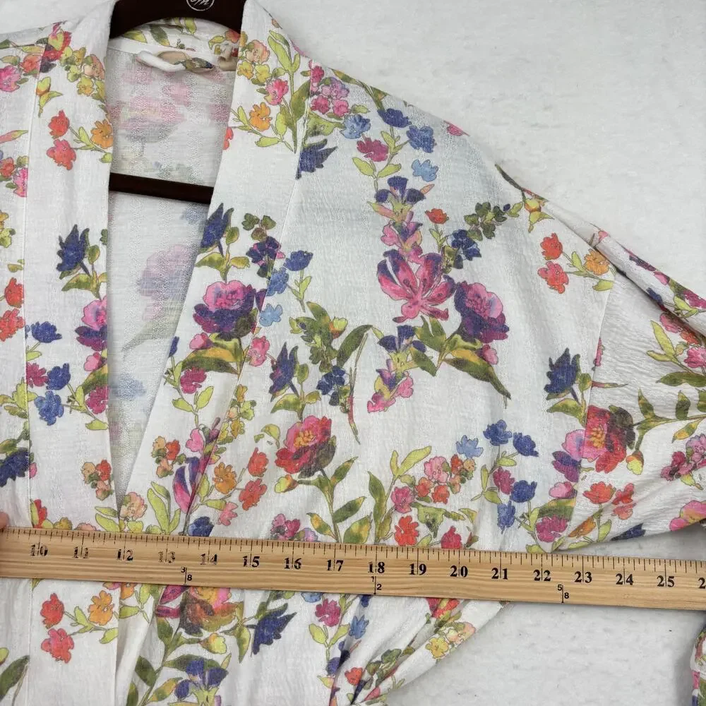 Soft Surroundings Bath Robe Size M White Multi Floral Belted Pockets Stretch - Picture 8 of 11